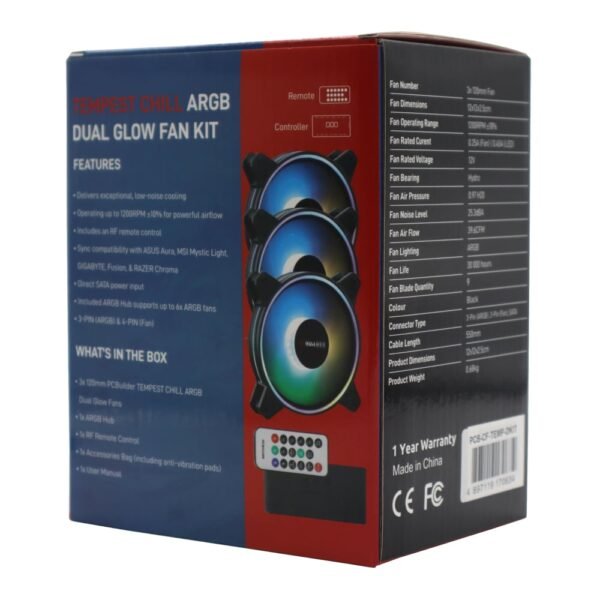PCBuilder Tempest Chill Fan Kit 3x120MM Dual Glow ARGB Fan + Controller + RF Remote - Image 3