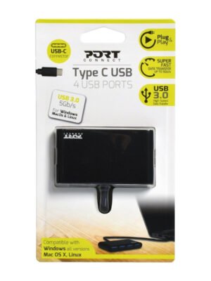 Port USB Type-C to 4 x USB3.0 5Gbps 30cm 4 Port Hub - Black