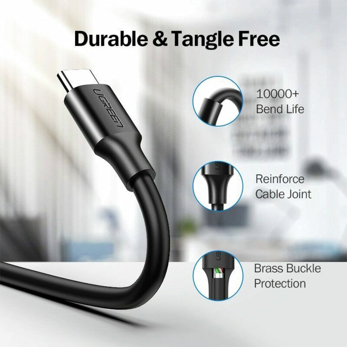 UGREEN Type-C to USB 3.0 Cable 2m – Fast Charging 3A, 5Gbps Sync – Black - Image 3