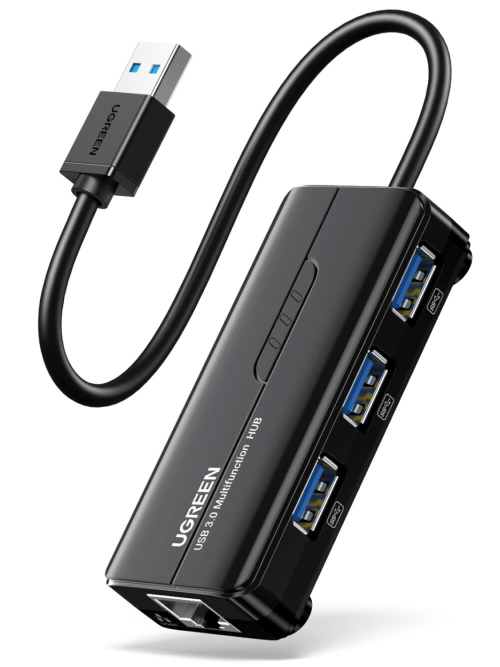 UGREEN USB Type-A Male to Ethernet Adapter with 3-Port USB Hub – Black