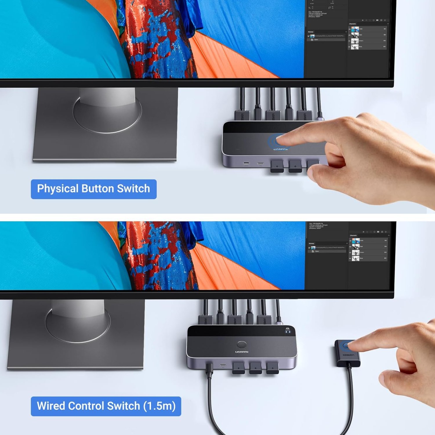 UGREEN 4K@60Hz HDMI KVM Switch (2 In 1 Out)-Grey - Image 3