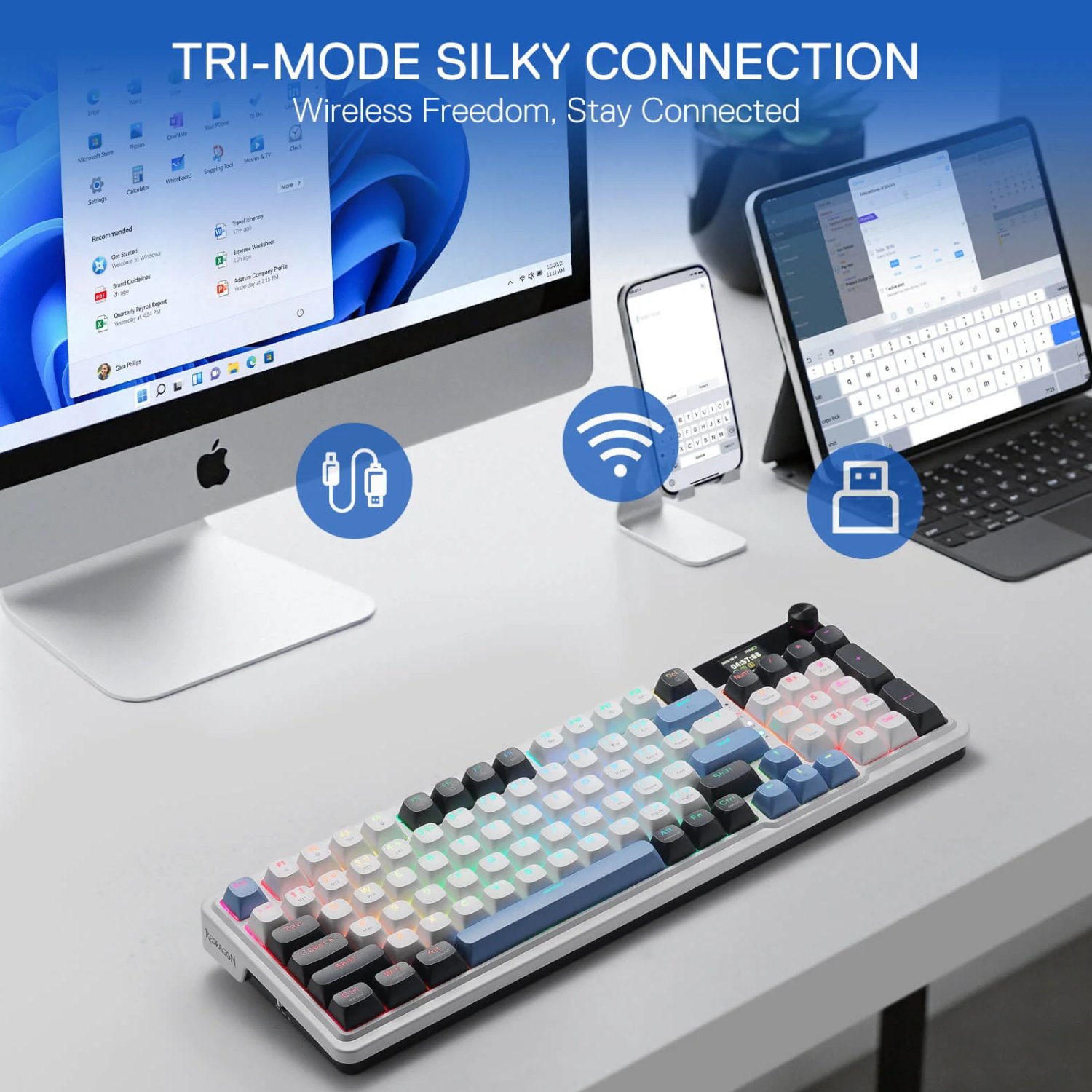 Redragon K719WGB GALATIN RGB PRO Full sized Wireless Gaming Keyboard - White - Image 2