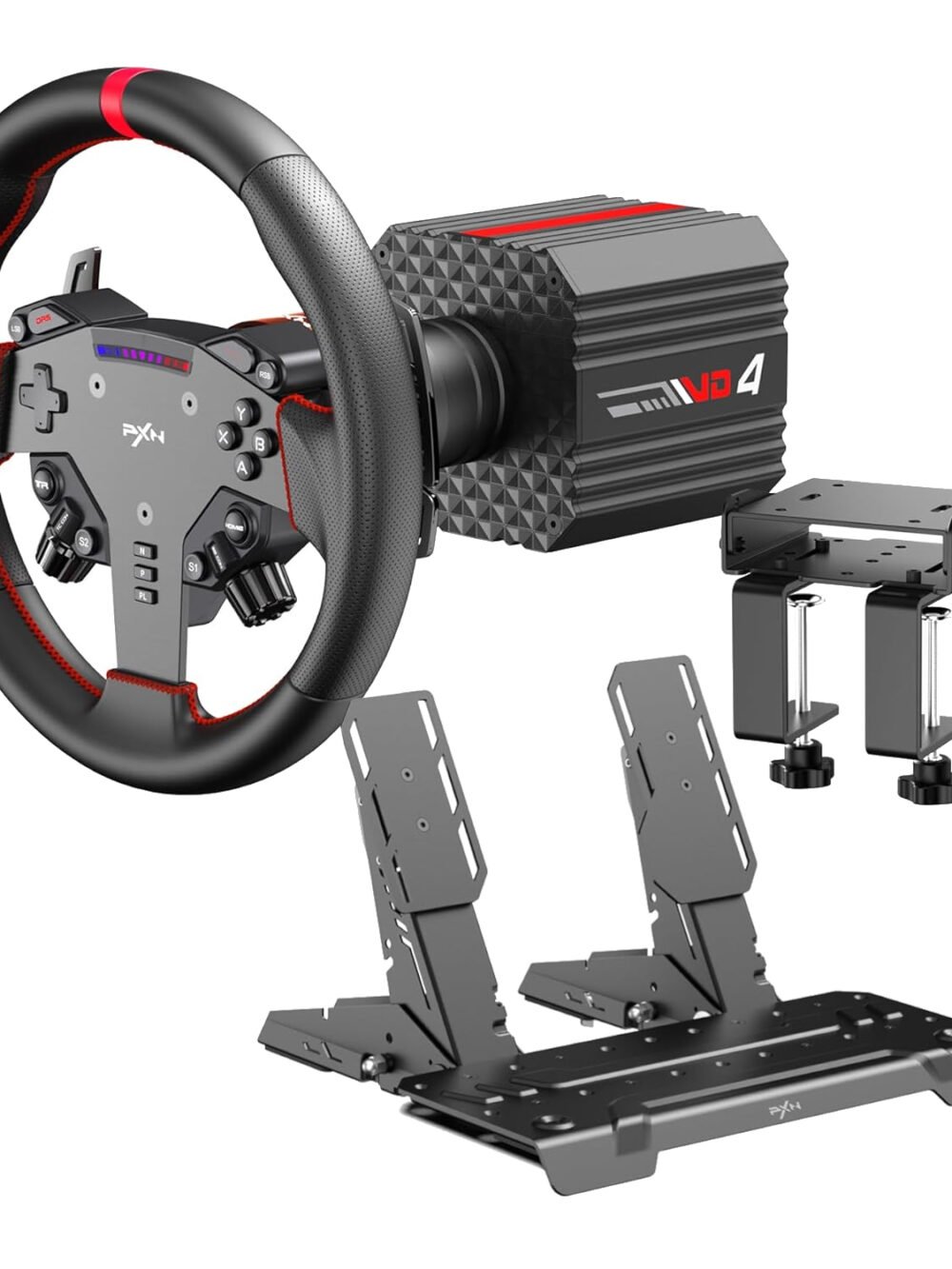PXN VD4 Direct Drive Sim Racing Wheel – PD-HM Dual Pedal – Z8 Clamp Bundle