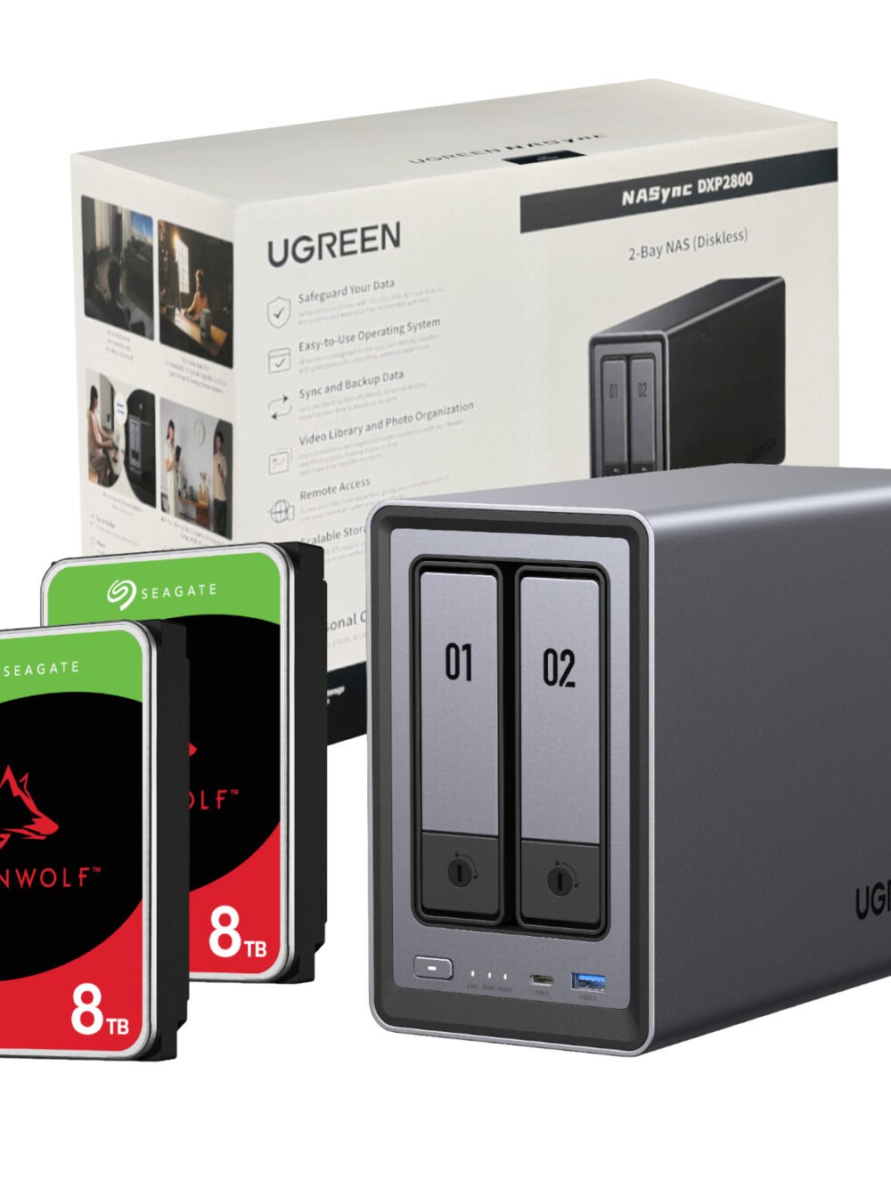 UGreen NASync DXP2800 2 Bay NAS with Seagate Ironwolf NAS 16TB SATA Hard Drive V2 Bundle (2x 8TB)